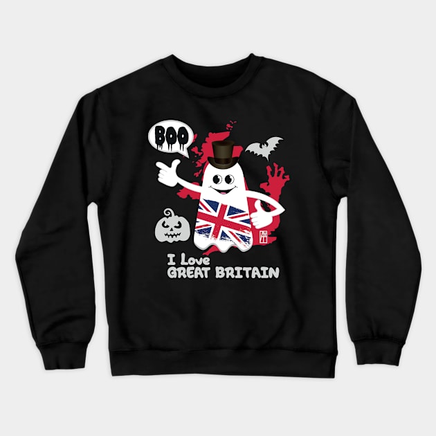 BOO GHOST with the English flag "I love Great Britain" - cute Halloween Crewneck Sweatshirt by ArtProjectShop